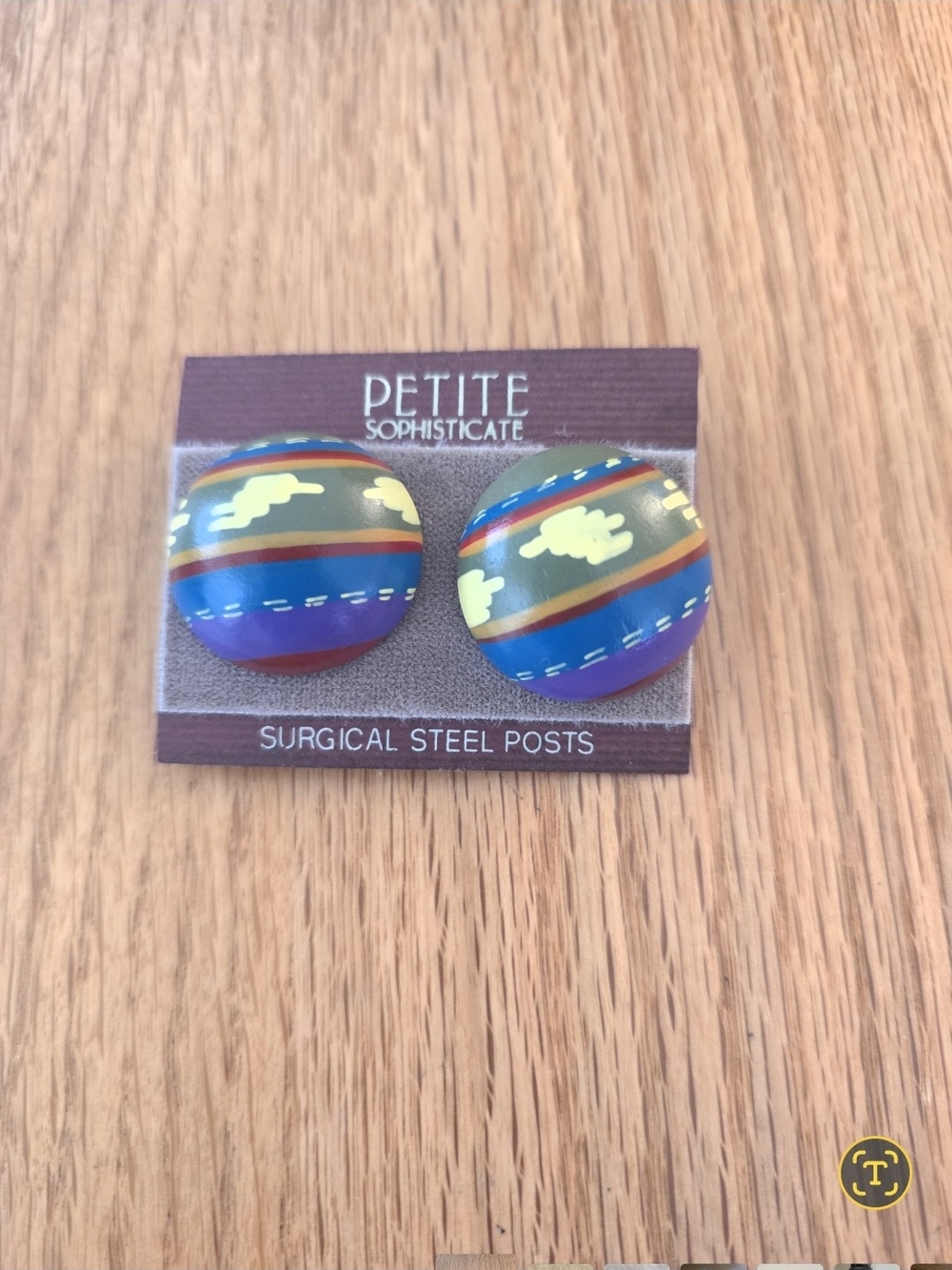 Vintage Petite Sophisticate Multicolor Striped Round Wood Stud Earrings
